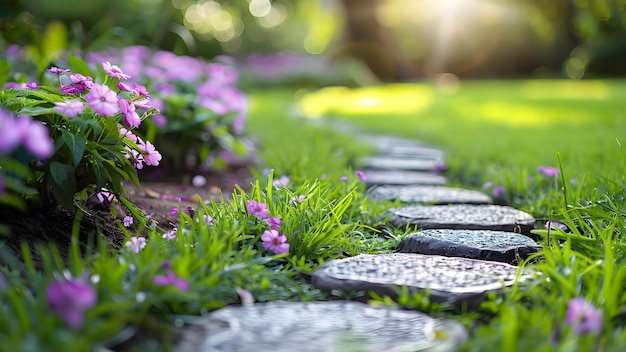 Foto melhorar um caminho de jardim com elementos naturais plantas flores e grama conceito de design de jardim caminho renovação melhoramento da paisagem elementos naturais decoração ao ar livre