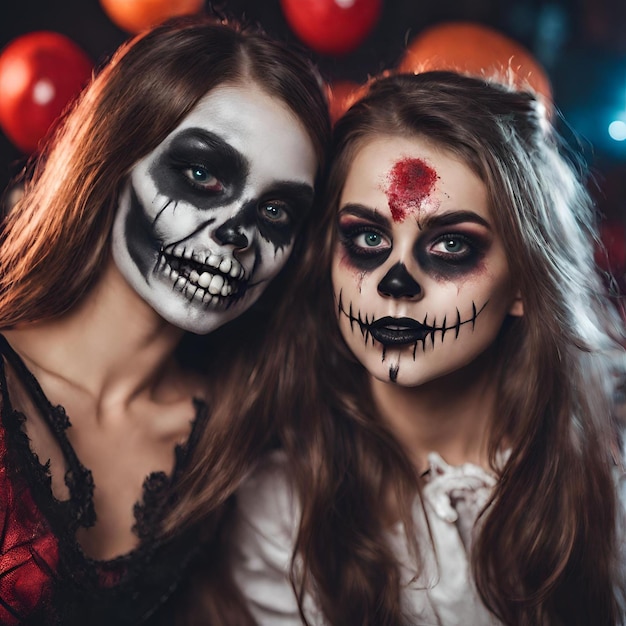 Foto melhores amigas de meninas participando de festa de halloween com maquiagem de caveira e fantasia assustadora