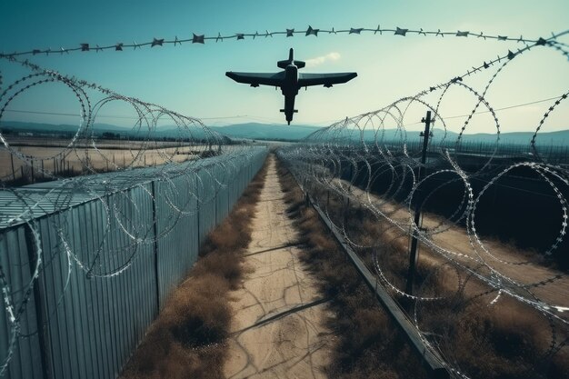 Foto melhoria da segurança nas fronteiras tecnologia de drones de última geração monitora a cerca de arame farpado e restringe