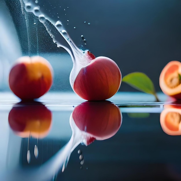 Melocotón, fruta, juntos, gotas de agua, en, el, mesa