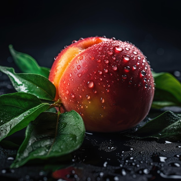 Un melocotón con gotas de agua