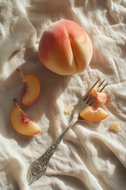 melocotón un tenedor y trozos de fruta picados sobre un paño texturizado