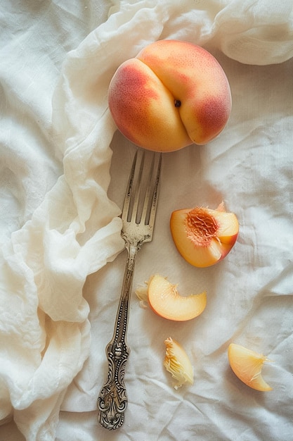 melocotón un tenedor y trozos de fruta picados sobre un paño texturizado