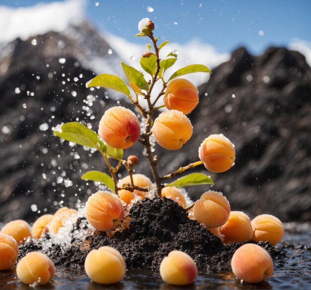 Melocotones congelados en la nieve sobre un fondo de montañas