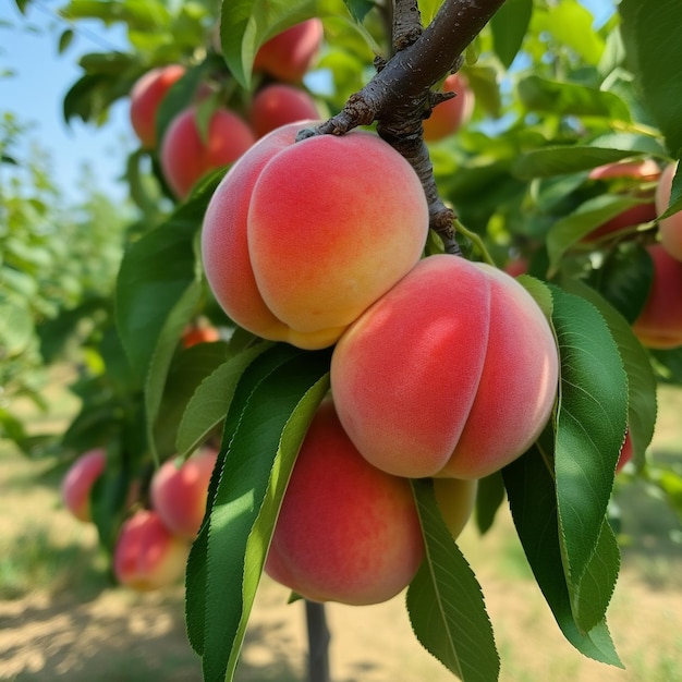 Los melocotones crecen en un árbol en un campo.