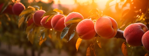 Los melocotones crecen en un árbol en un jardín de cosecha Ai generativo