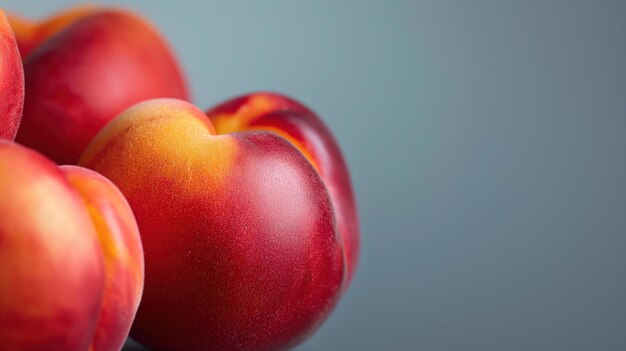 Los melocotones en foco, las frutas de verano en primer plano, el espacio vacío alrededor del telón de fondo, el estandarte de melocotón, los frutos de verano.