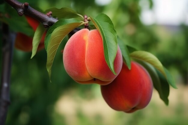 Melocotones frescos de cerca en las ramas de los árboles Nutrición orgánica deliciosa y saludable IA generativa