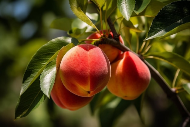 Melocotones frescos de cerca en las ramas de los árboles Nutrición orgánica deliciosa y saludable IA generativa