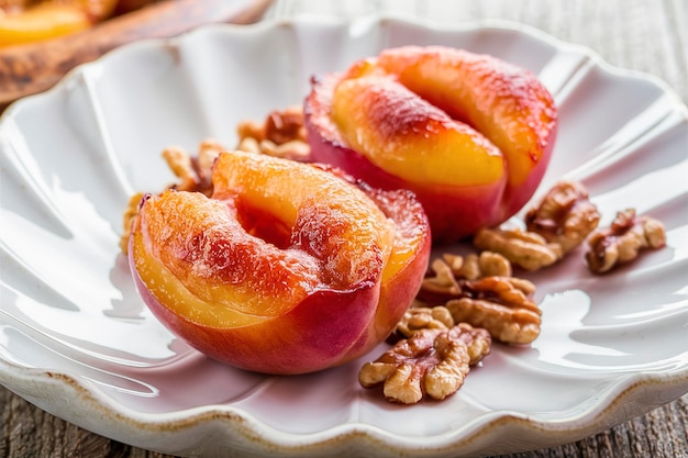 Melocotones horneados con azúcar y nueces en un plato