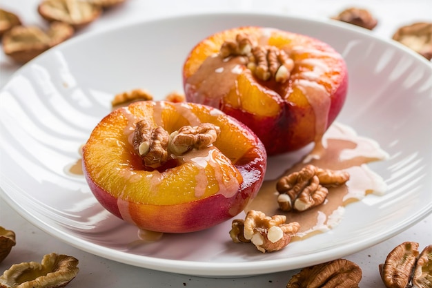 Melocotones horneados con azúcar y nueces en un plato