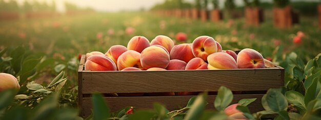 Los melocotones orgánicos en una caja de madera en el campo