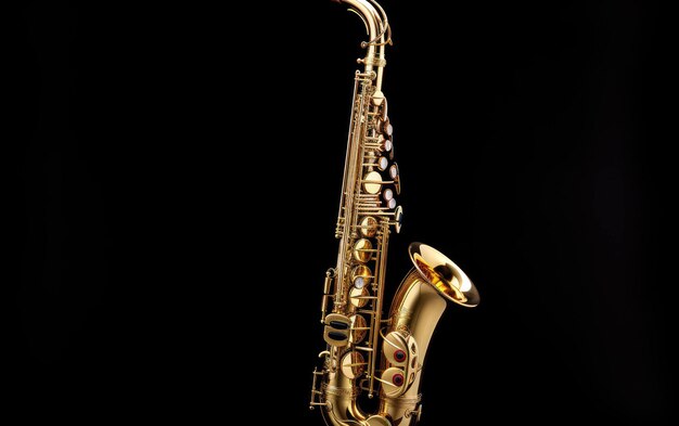 Foto melodia de saxofone em foco em fundo preto