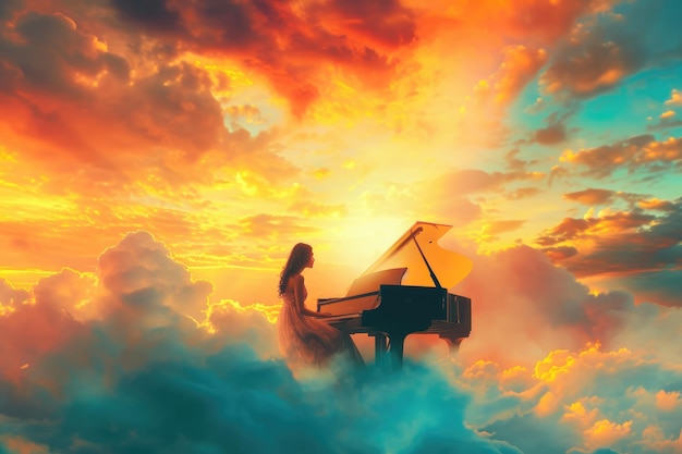 Melodias Celestiais Pianoista na paisagem das nuvens