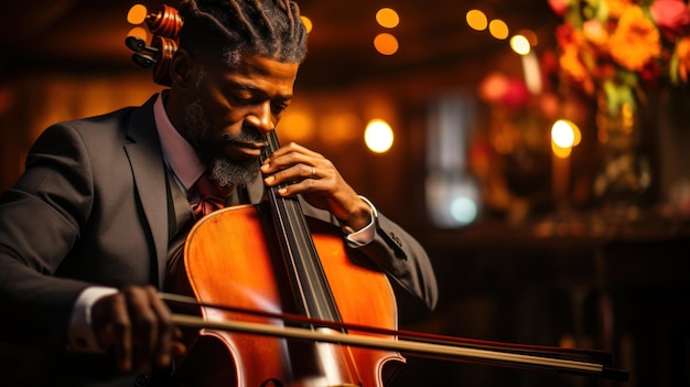 Melodias conmovedoras Hombre negro tocando el violonchelo contra un magnífico telón de fondo IA generativa