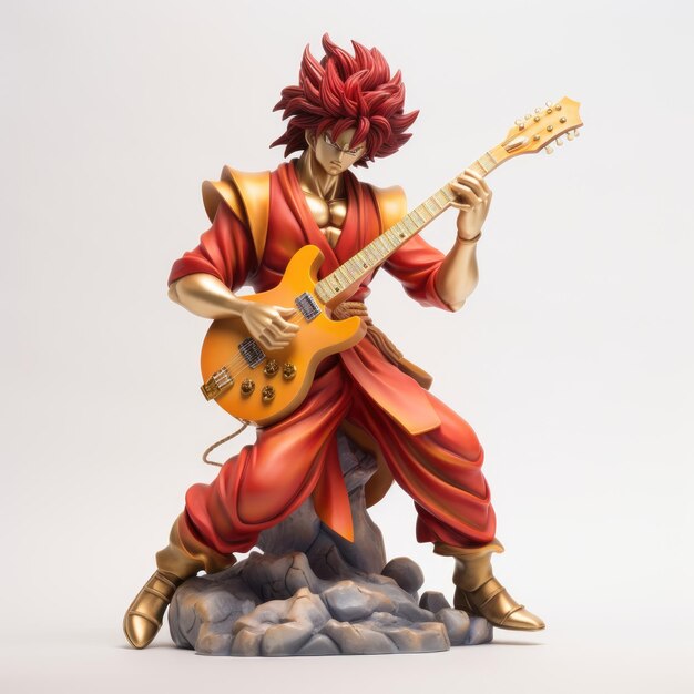 Melodías eléctricas La legendaria estatua de Goku balanceando la guitarra roja y dorada en un lienzo blanco puro