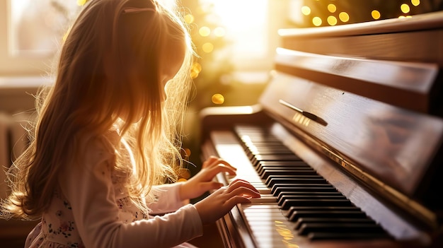 Melodías de la mañana Niña pequeña tocando el piano en el interior