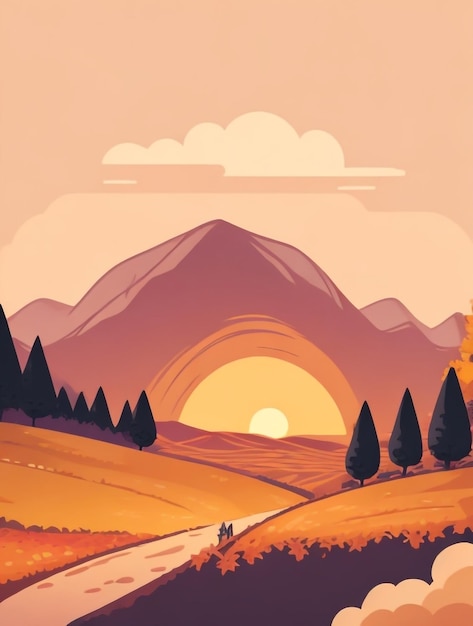 Foto melodías de la montaña un dibujo de la puesta de sol en el valle de la montaña