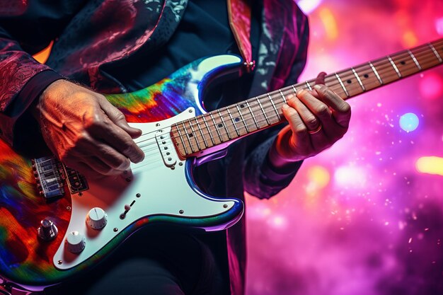 Melodias vibrantes que estimulam o desempenho da guitarra elétrica em meio a um ambiente colorido