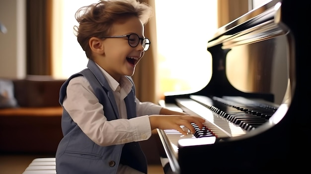 Melodien der Freude Ein kleiner Maestro erfreut sich an der Harmonie der Klaviertasten