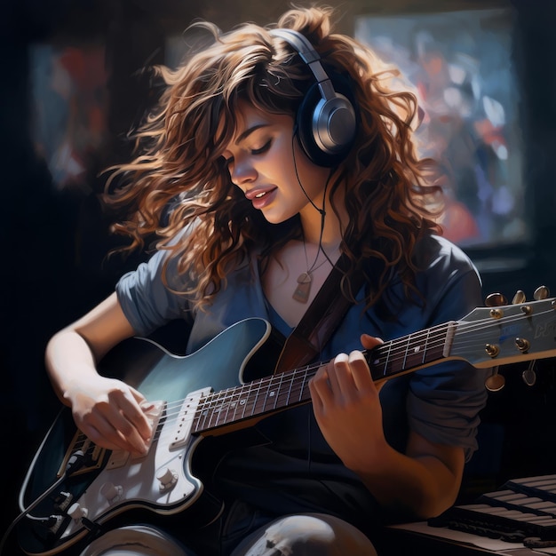 Melodische Meisterkenntnisse Eine erstaunliche Frau, die in der Gitarre in hoher Auflösung spielt
