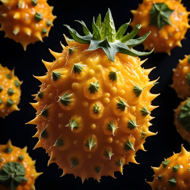 Melón africano Kiwano con cuernos sobre un fondo negro