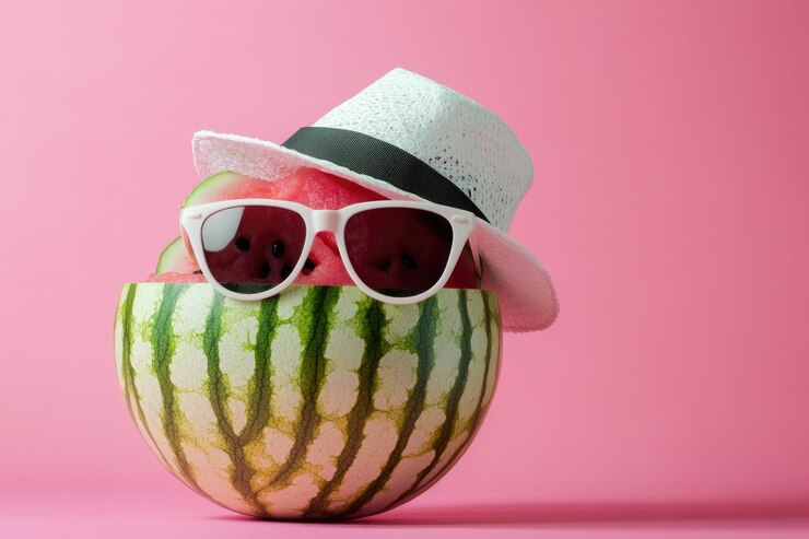 Melón de agua gracioso con gafas de sol en fondo rosa comidas de festival de verano