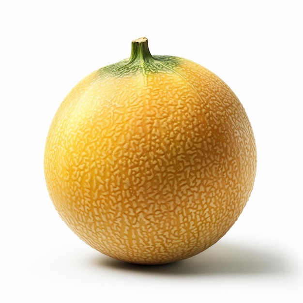 Un melón amarillo con un centro verde y un fondo blanco.