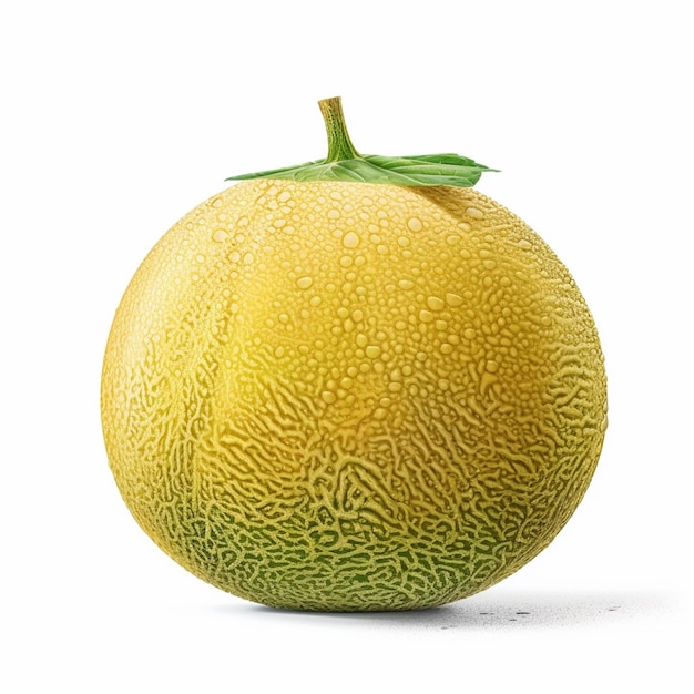 Un melón amarillo con una hoja verde