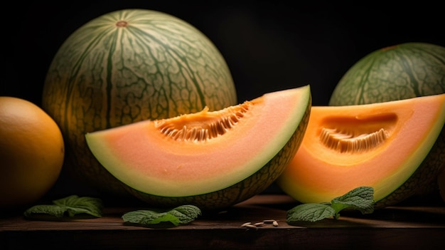 Un melón se corta por la mitad y está sobre una mesa con otras frutas.