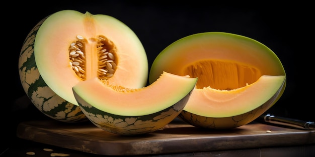 Un melón se corta por la mitad y se sienta en una tabla de cortar.
