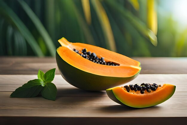 un melón entero con semillas sobre una mesa de madera