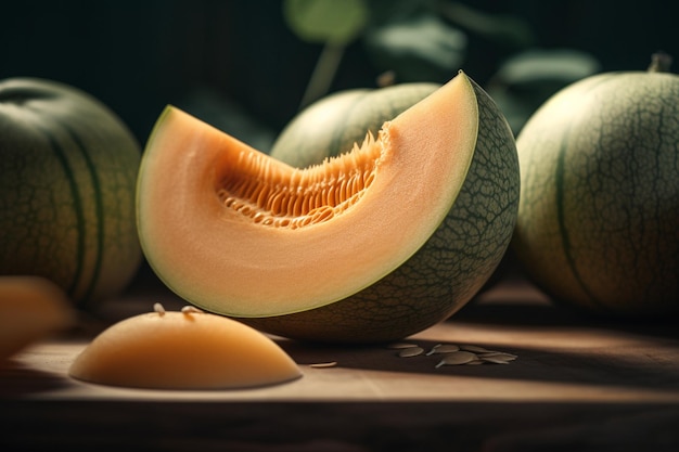 Un melón está sobre una mesa con un fondo verde.
