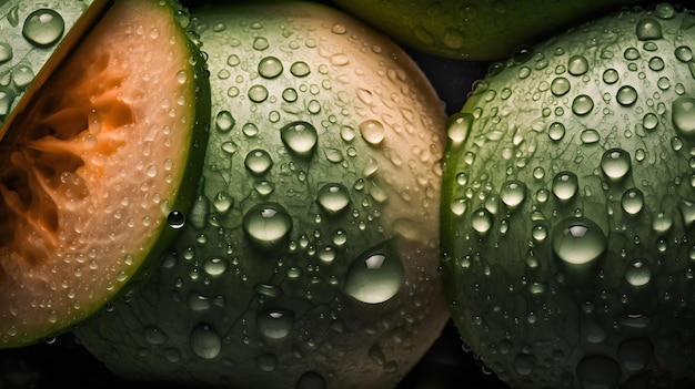 Melón fresco con salpicaduras de agua y gotas sobre fondo negro