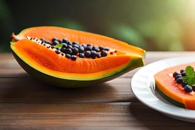 Foto un melón con moras sobre una mesa de madera