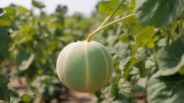 Un melón verde en un campo con hojas verdes.