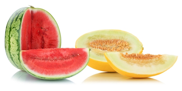 Melonen Honigmelone Wassermelone in Scheiben geschnitten tropische Früchte Obst Sommer isoliert auf weiß