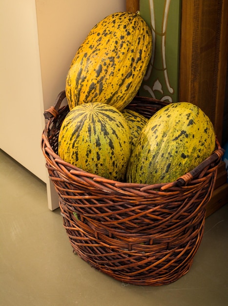 Melones moteados verdes en una cesta de paja