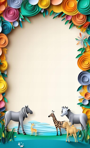 Foto un membrete en blanco con marco de animales de origami quilling ilustración de papel de arte cortado