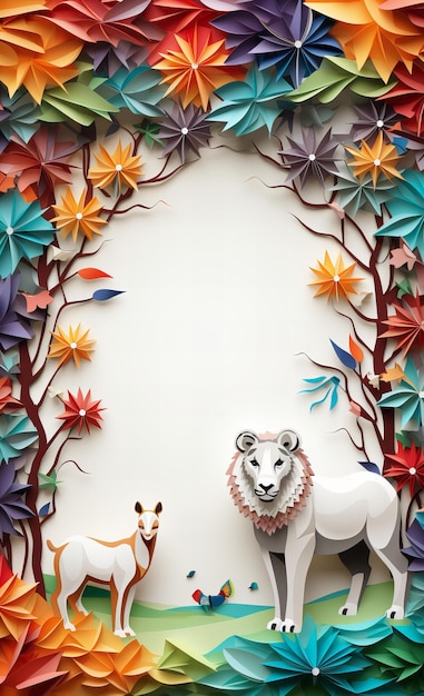 Un membrete en blanco con marco de animales de origami quilling ilustración de papel de arte cortado