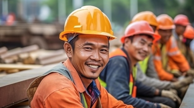 Membros da equipa de construção a trabalhar alegremente no local de trabalho GENERAR IA