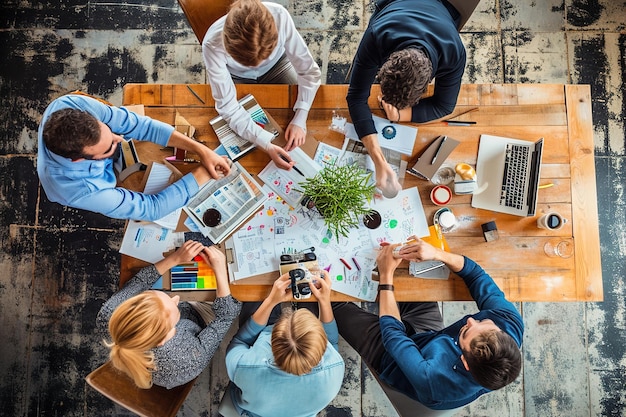 Membros da equipe colaborando em um projeto compartilhado ou sessão de brainstorming