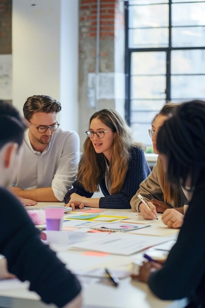 Membros da equipe colaborando em um projeto compartilhado ou sessão de brainstorming