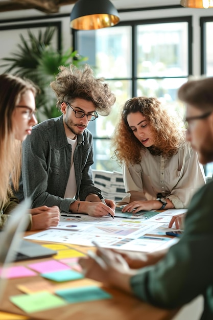 Membros da equipe colaborando em um projeto compartilhado ou sessão de brainstorming