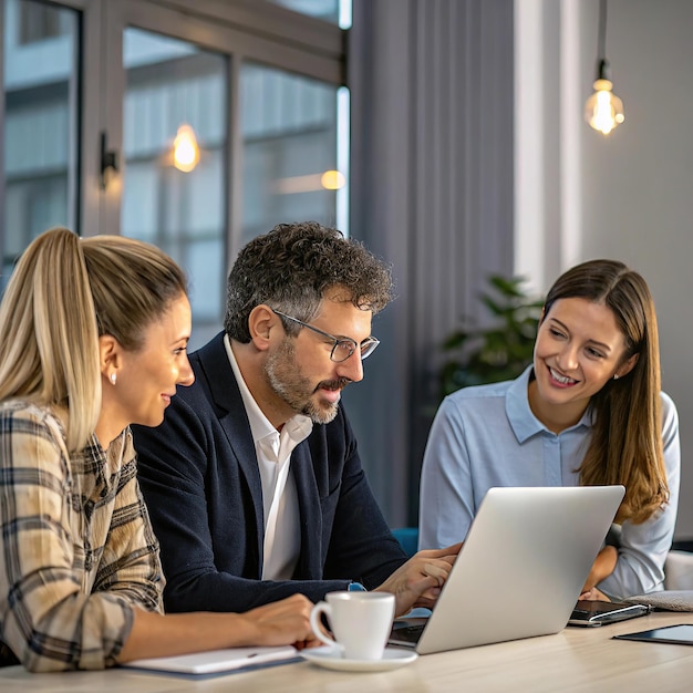 Membros da equipe discutindo e trabalhando em um projeto usando um laptop no escritório