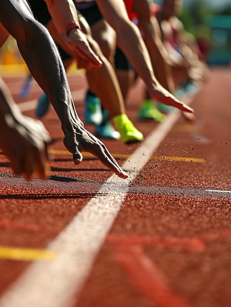 Foto membros da equipe entregando bastões durante uma corrida de revezamento na pista