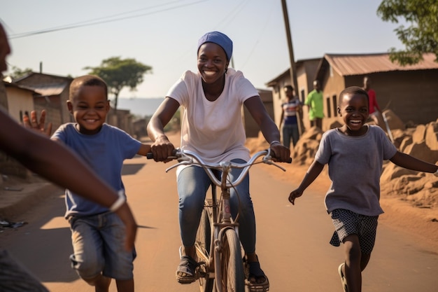 Membros da família ajudando uma criança a andar de bicicleta