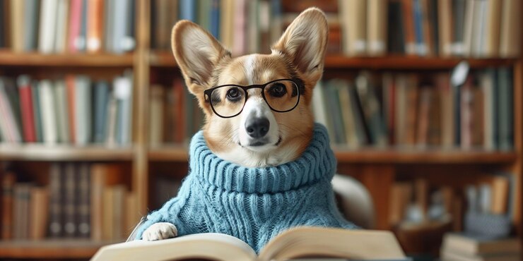 Foto meme com corgi a palestra do cão em suéter com óculos lendo um livro em um ambiente aconchegante de biblioteca conceito roupas de animais de estimação e ideia de tricô feito à mão ou de volta ao espaço de cópia da escola