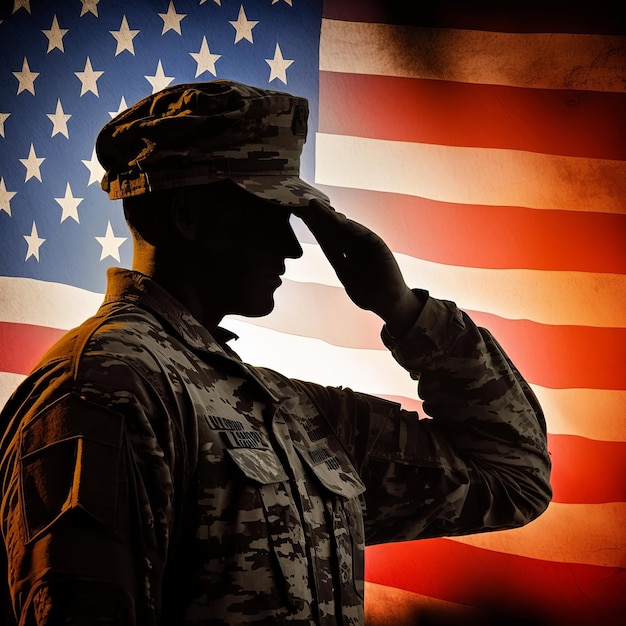 Memorial Day Ilustración del soldado saludando con la bandera de EE. UU. Generativo ai