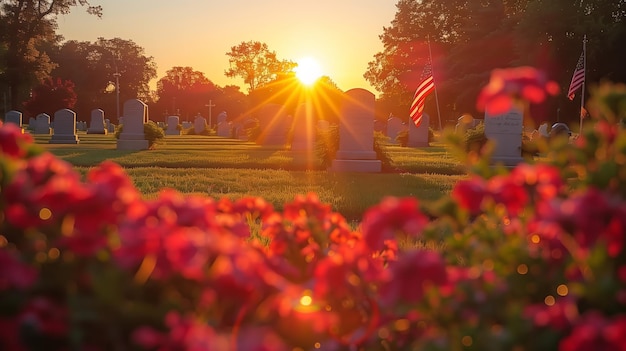 Memorial Day Sonnenaufgang auf einem amerikanischen Friedhof mit Fahnen